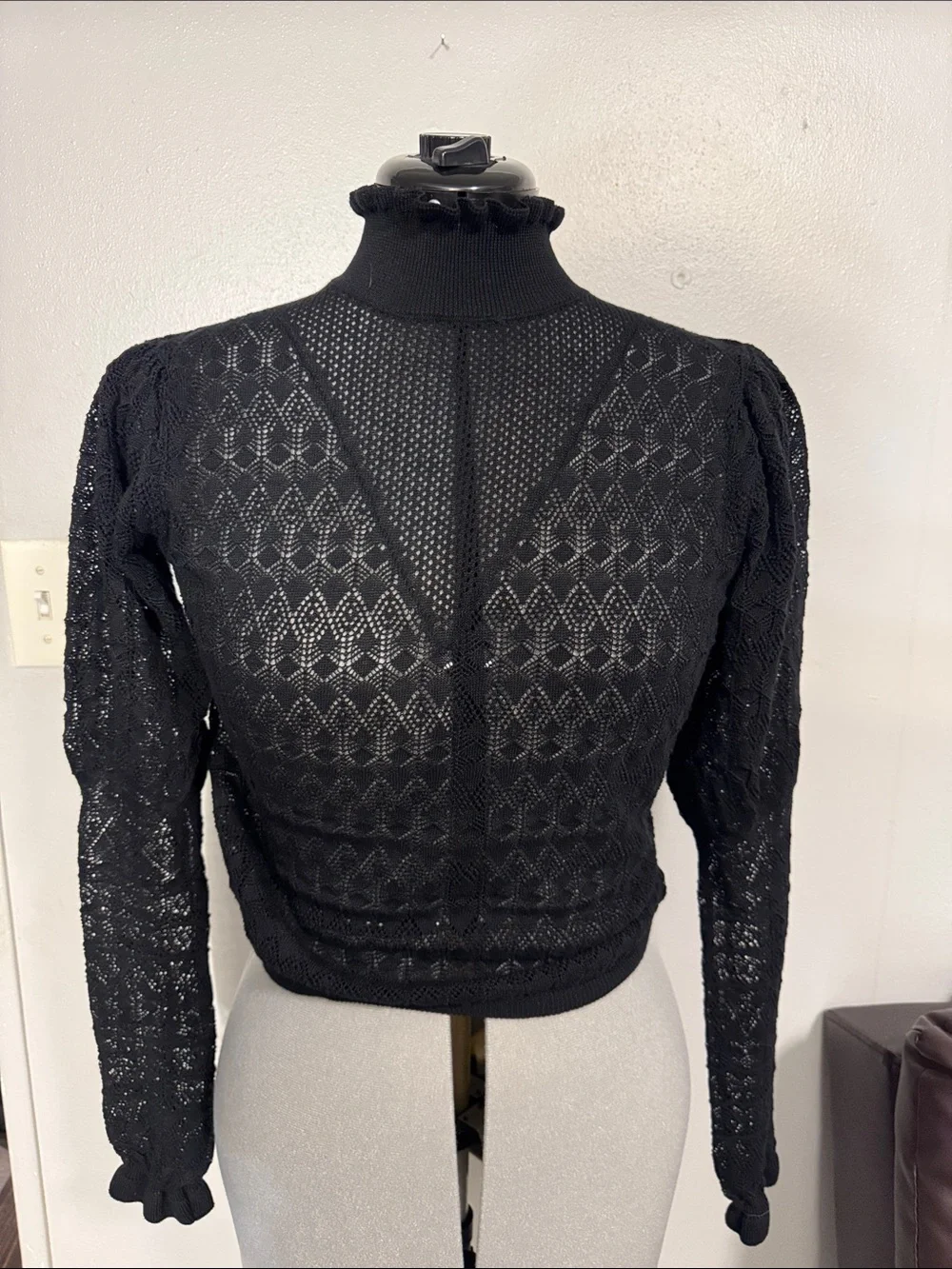 Zara Black Lace Knit Mock Ruffle Neck Long Sleeve Top